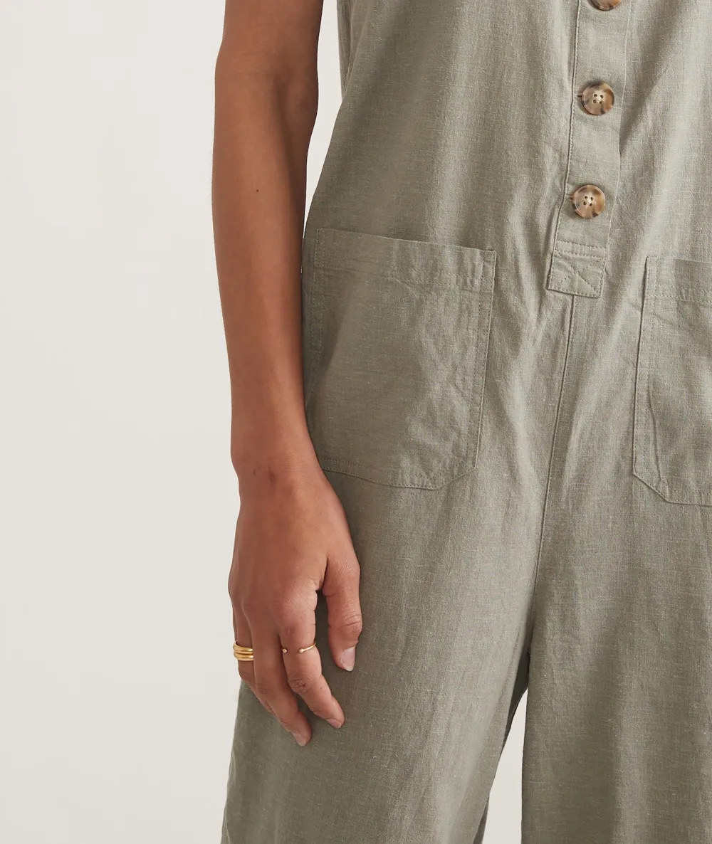 Button-Front Sleeveless Linen Jumpsuit