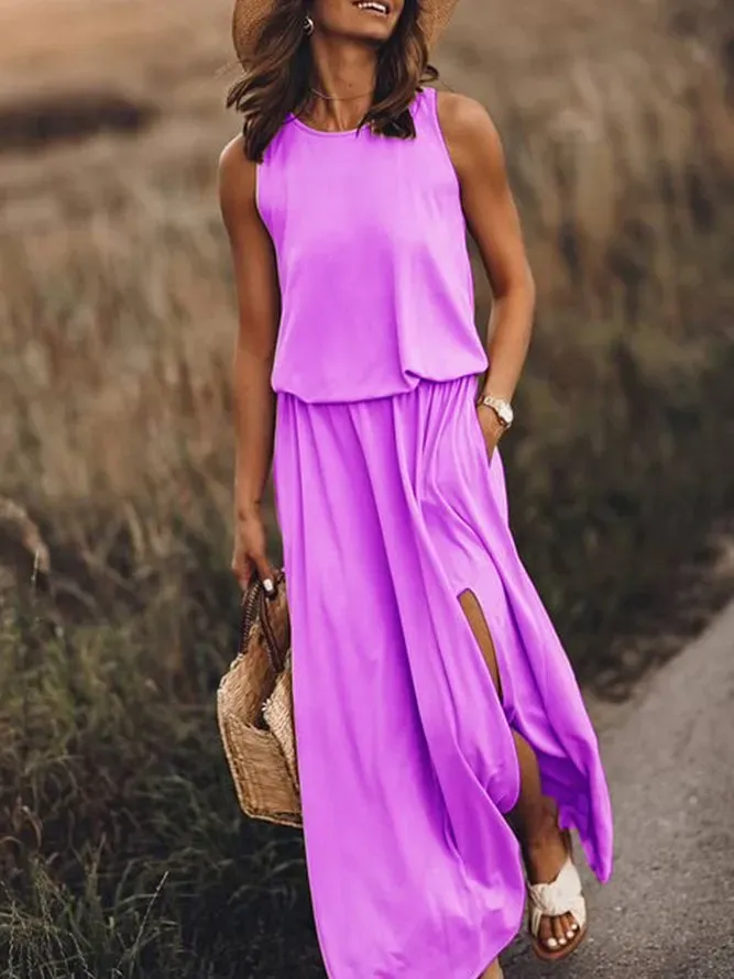 Pink Holiday Cotton-Blend Solid Round Neck Weaving Dress