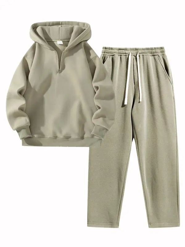 🔥Last Day Promotion 89% OFF🔥Men's Plain Drop Shoulder Sweatsuit Set - Half Zip Hoodie & Drawstring Sweatpants With Pockets