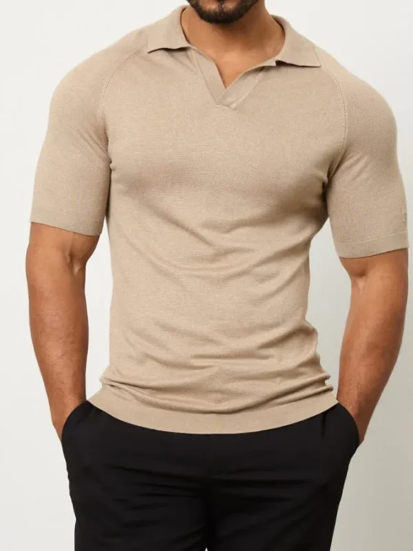 Textured Open Collar Knitted Soft Simple Stone Polo Shirt