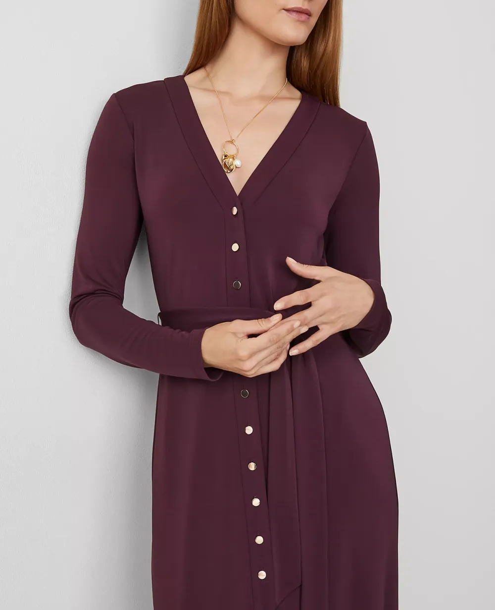 Button V-Neck Flare Knit Midi Dress