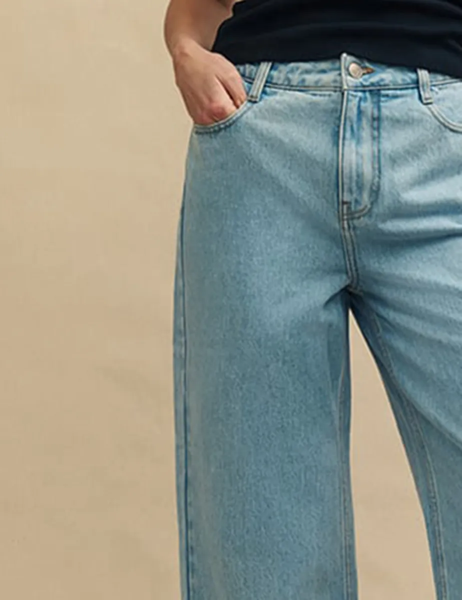 Blue Light Wash Cropped High Rise Wide Leg Jeans