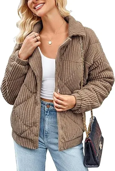 Women's Bomber Jacket Corduroy Ribbed Quilted Zip Up Long Sleeve Winter Coat