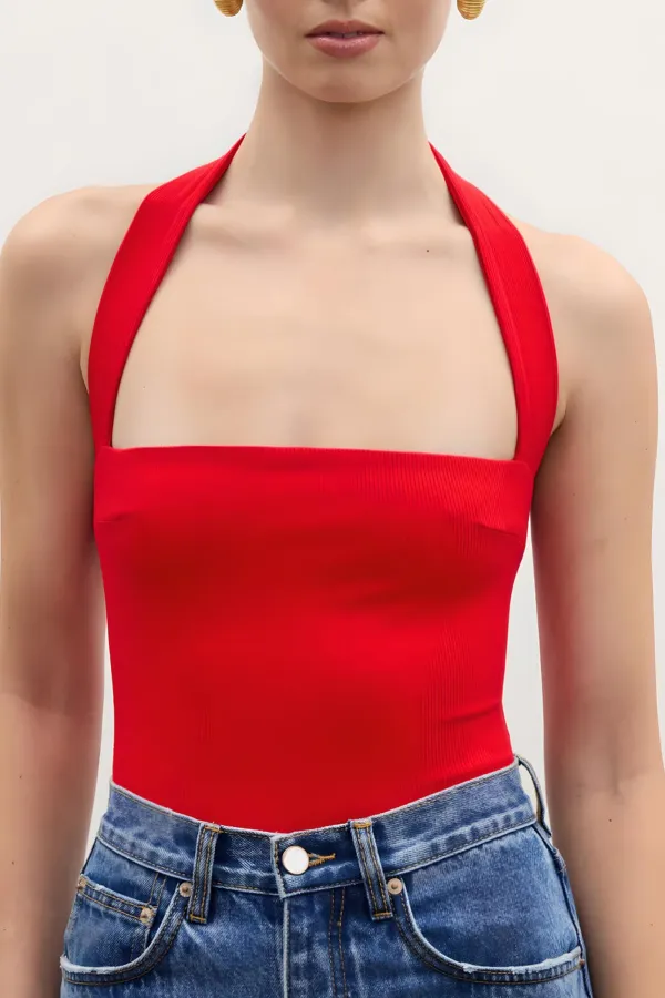 Red Simple Collarbone Comfortable Breathable Bodysuit