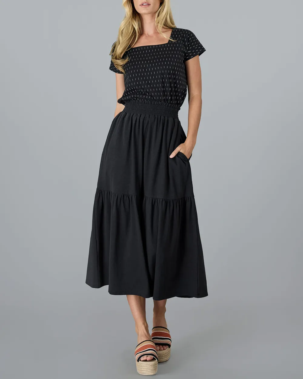 Black Ruffled Layers Midi Skirt