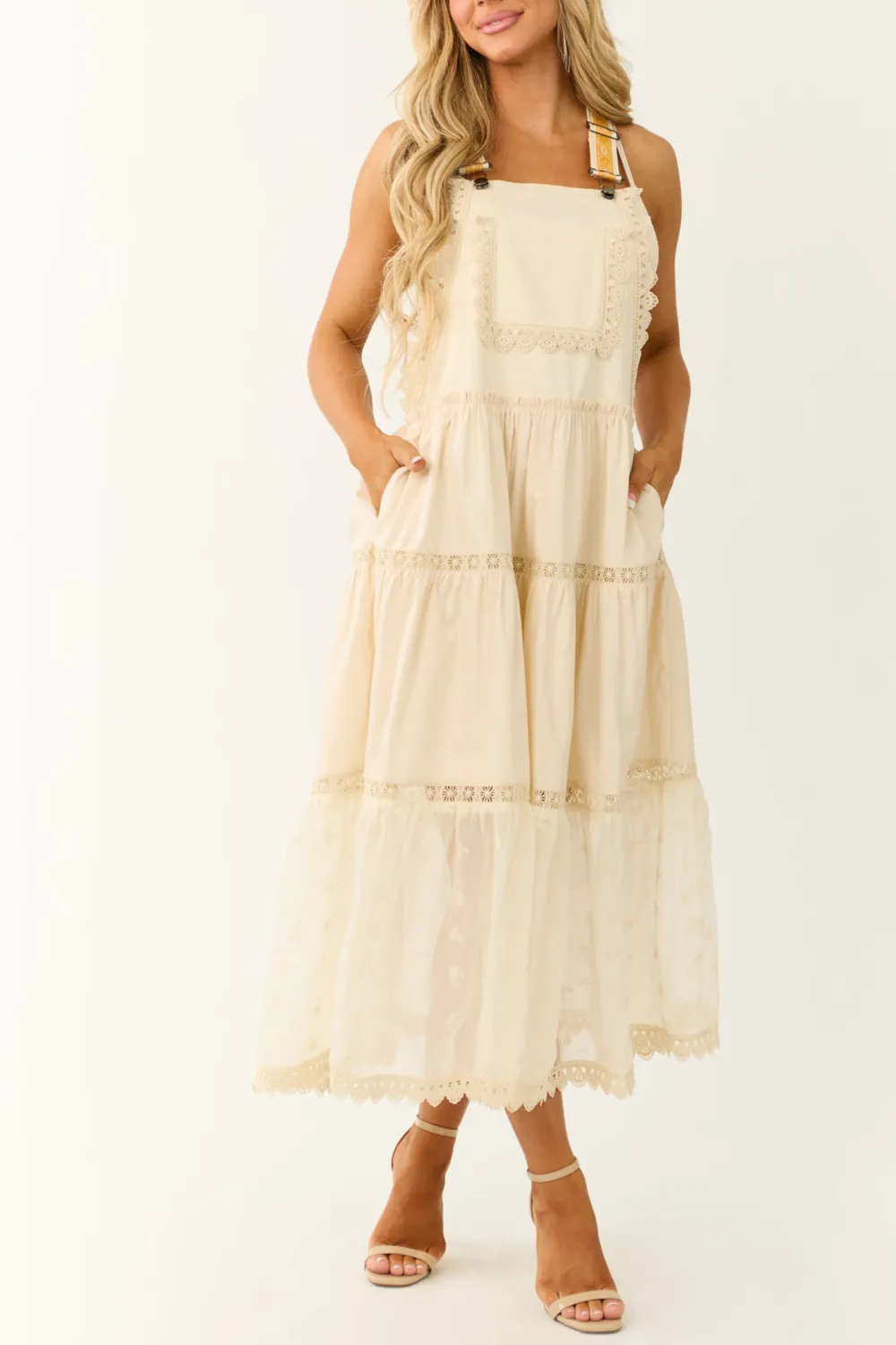 Almond Lace Tiered Overalls Maxi Dress