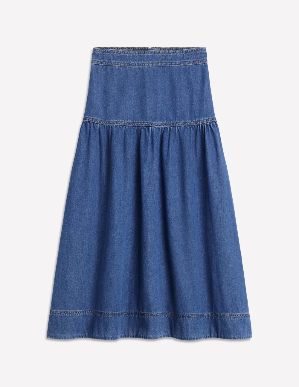 Blue Denim Tiered Midi Skirt