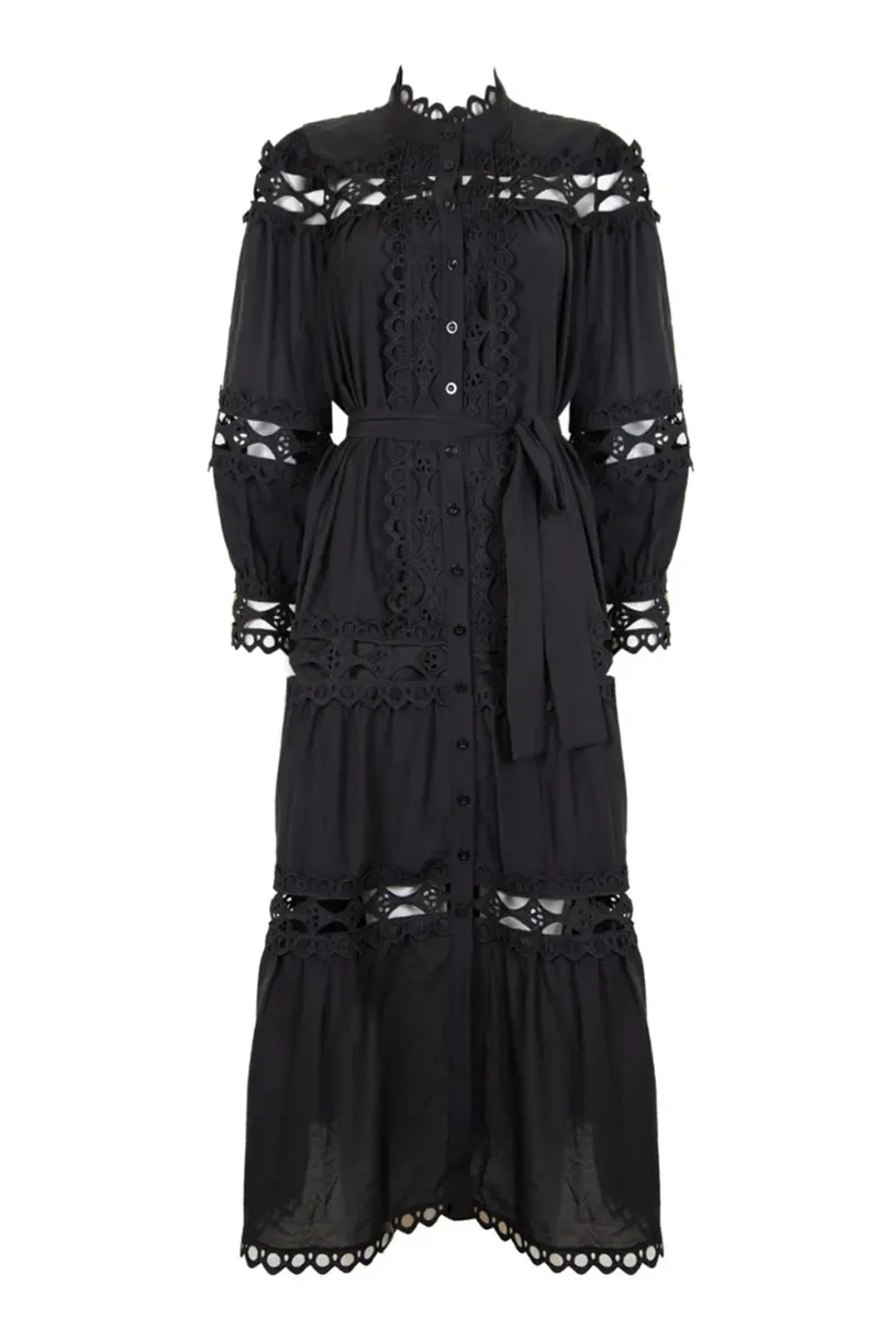 Lace Trimmed Long Sleeve Midi Dresses