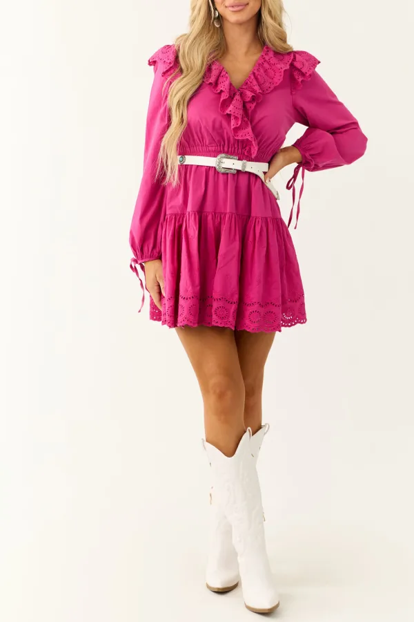 Fuchsia Long Sleeve Eyelet Detail Mini Dress