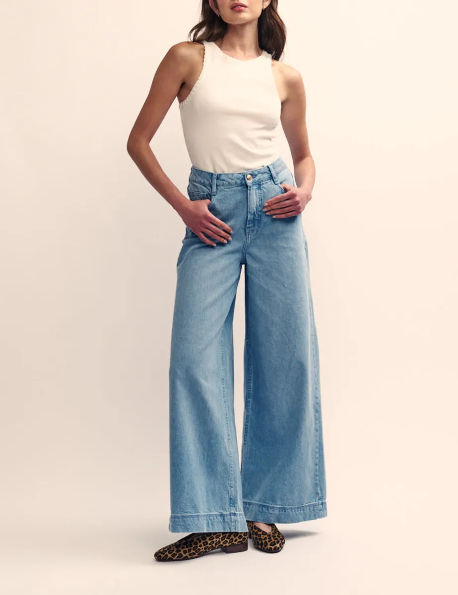 Mid Wash Blue Denim Super Wide Leg Jeans