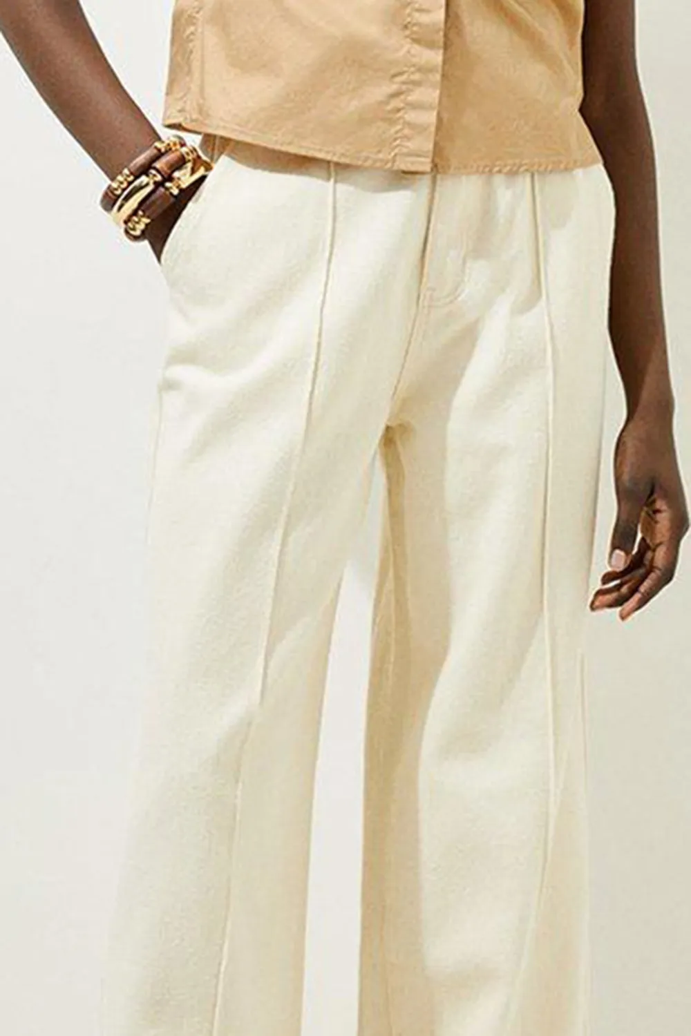 Non-Stretch Denim Waistband Detail Wide Leg Trousers