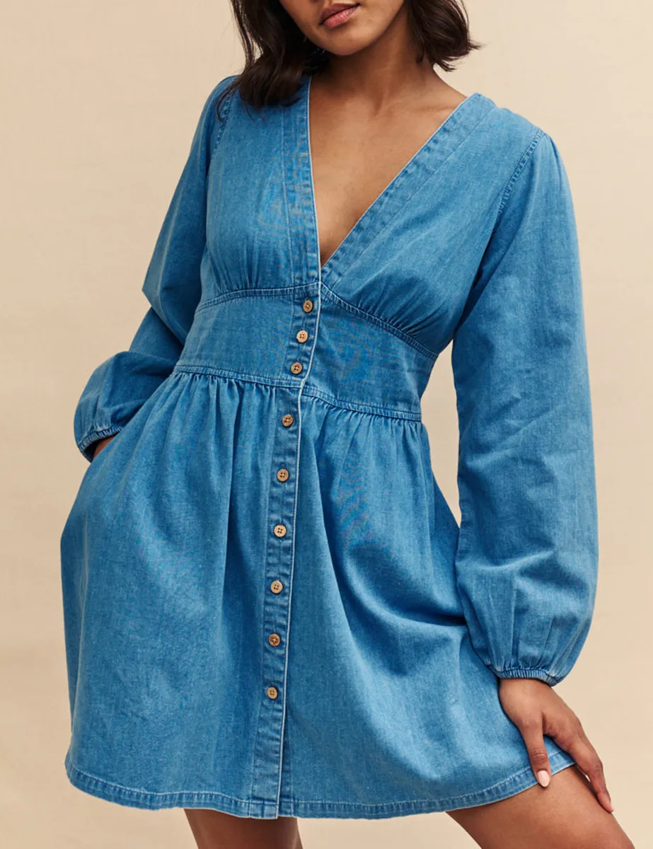 Denim Long Sleeve Button Front Mini Dress