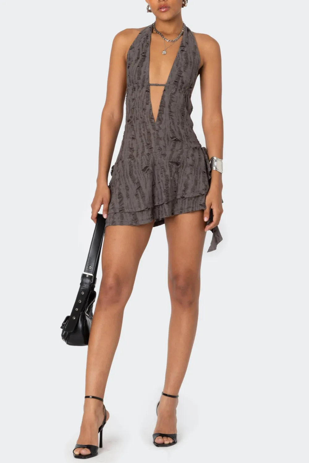 Deep V Backless Halter Mini Dress