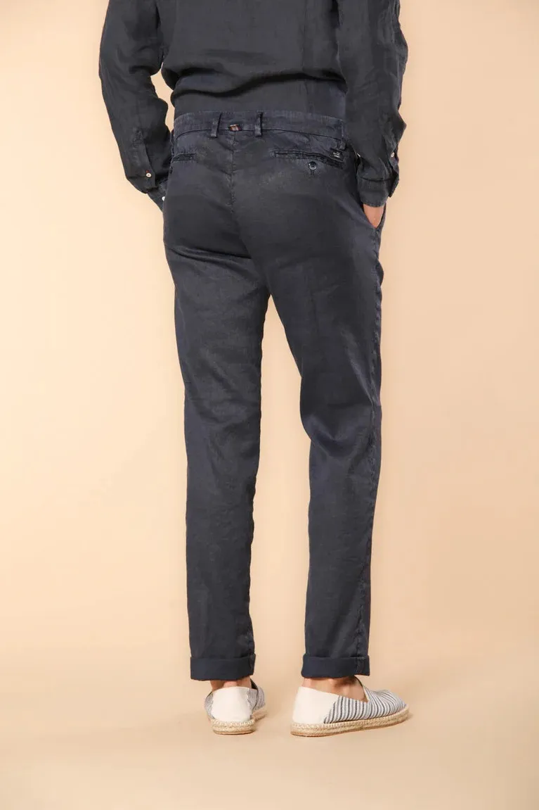 Men's Navy Linen and Cotton Twill Regular Fit Slim Straight Trousers