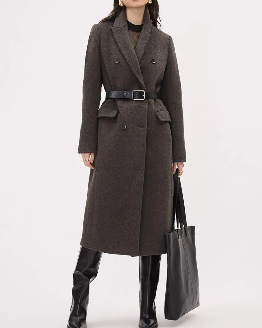 Elegant Gray Wool Blend Long Coat with Waist Belt