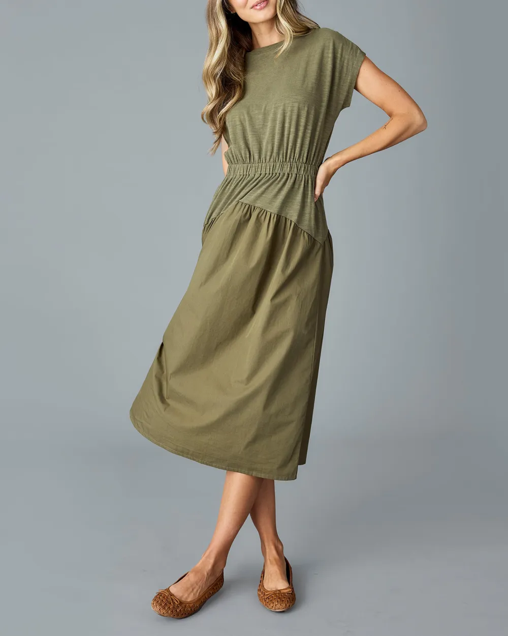 Olive Green Ruched Waist Dress