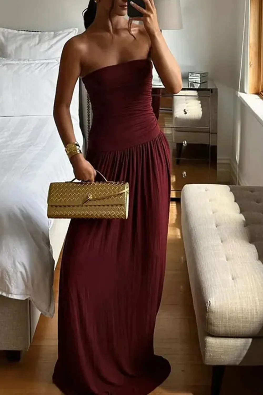 Wine Sexy Off-Shoulder Waist-Cinching Backless  Dresses