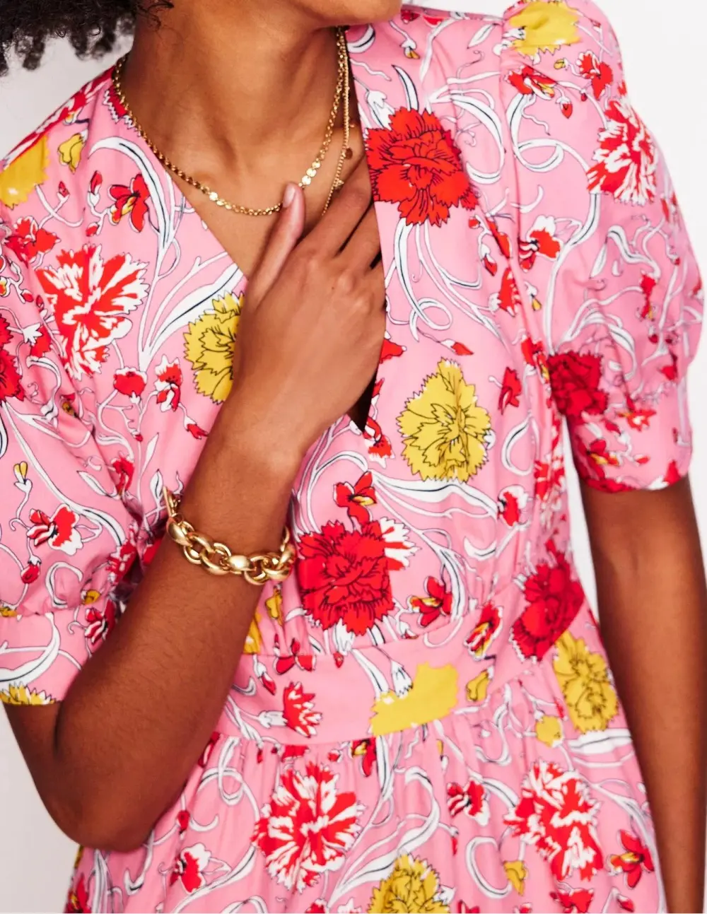 Pink and Yellow Floral Puff - Sleeve Maxi Dress