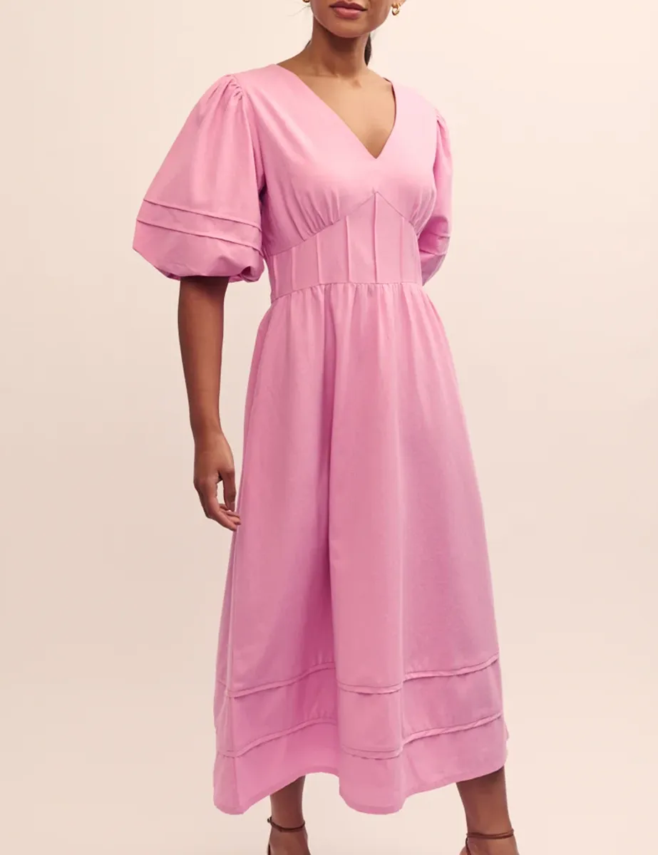 Pink V-Neck Puff Sleeve Midi Dress