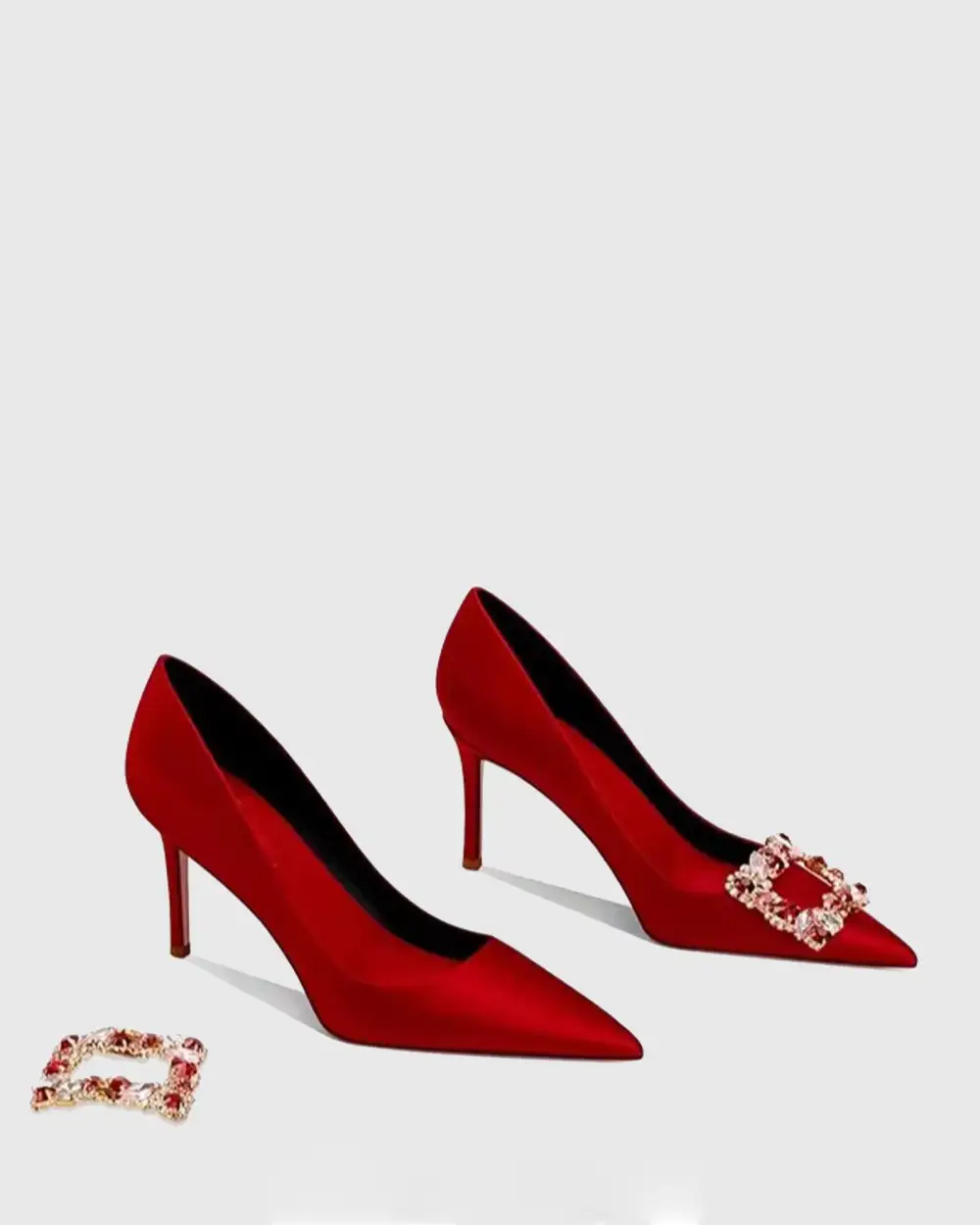 Rhinestone Buckle Satin Pumps in Red