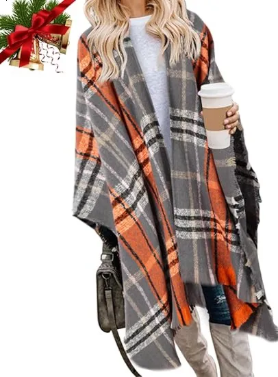 🎁Christmas Gifts🎁Women's Warm Plaid Poncho - Boho Open Front Shawl Wrap with Tassel