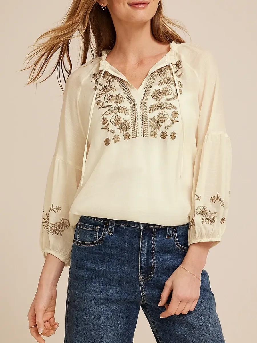 Embroidered Tied Front Blouse