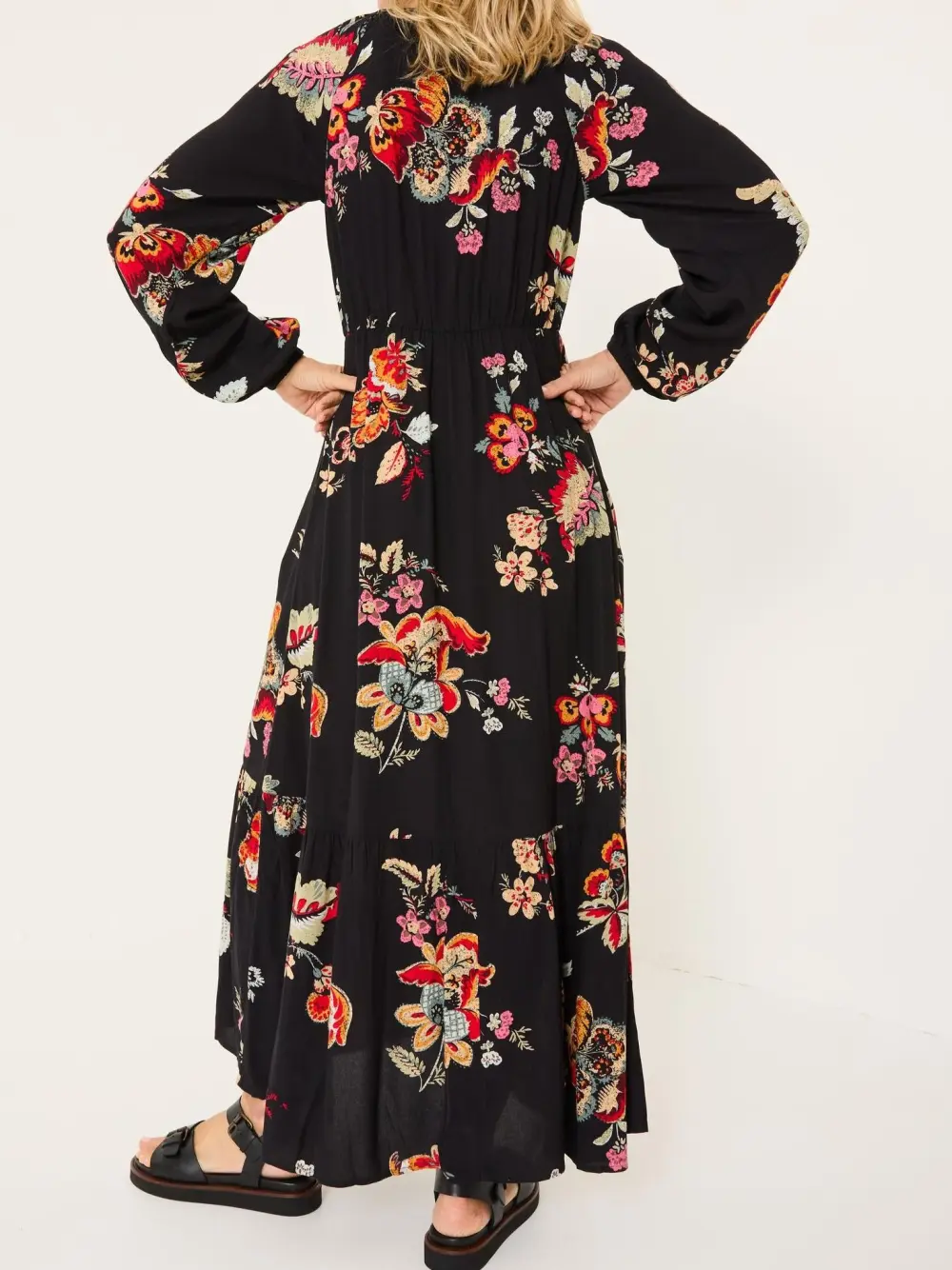 Black Floral Long Sleeve Midi Dress
