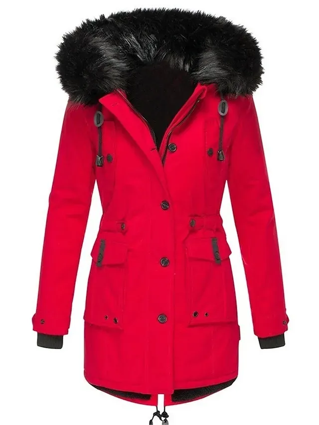 Women's Parka Winter Coat Mid-Length Puffer Jacket with Fur Collar Thermal Warm Heated Jacket Fleece Lined with Pockets Zip up Drwastring Hooded Outerwear Long Sleeve Fall Light Yellow Light Pink
