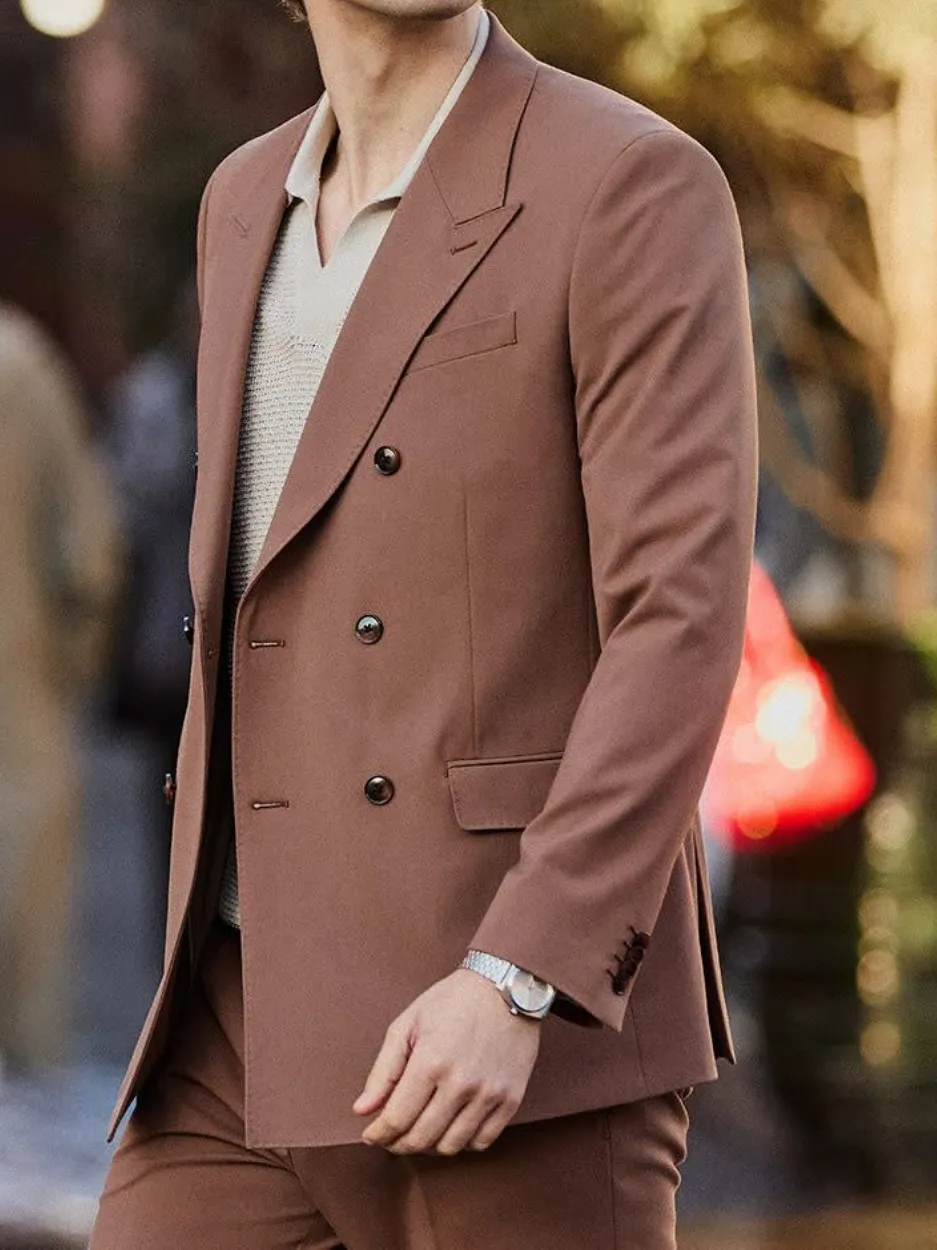 Terracotta Tailored-Fit Double-Breasted Suit Blazer