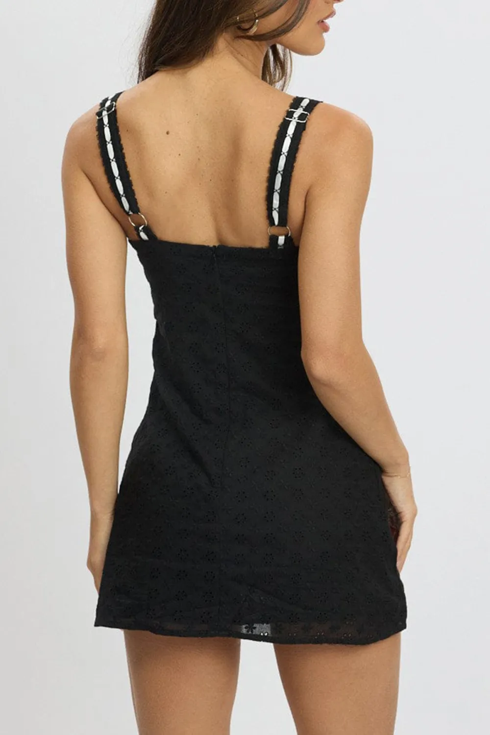 Black Mini Dress Lace Trim Sleeveless Eyelet Fabric