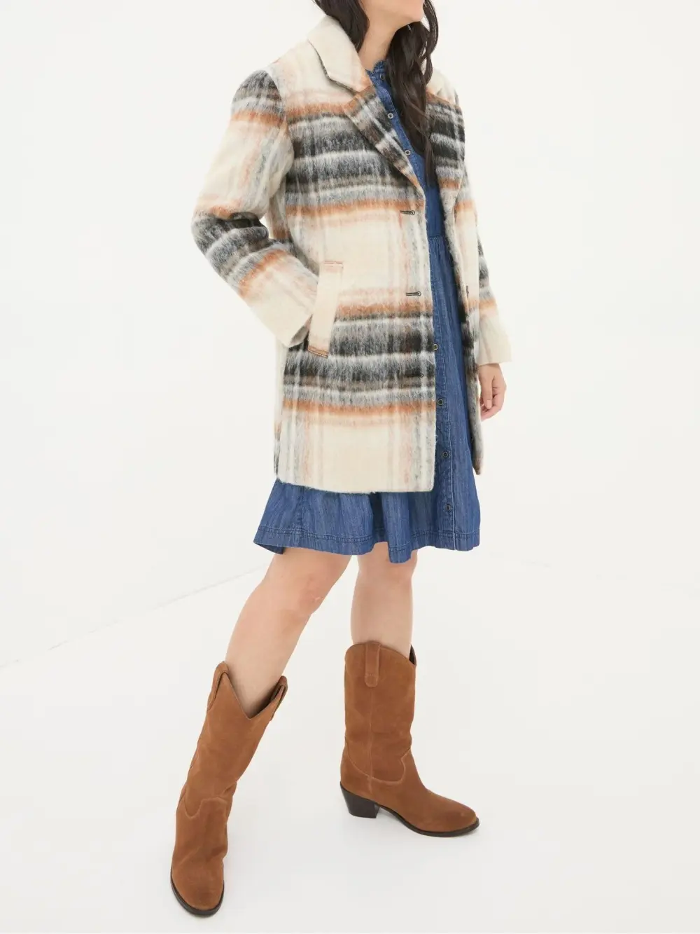 Brown Plaid Wool Blend Coat