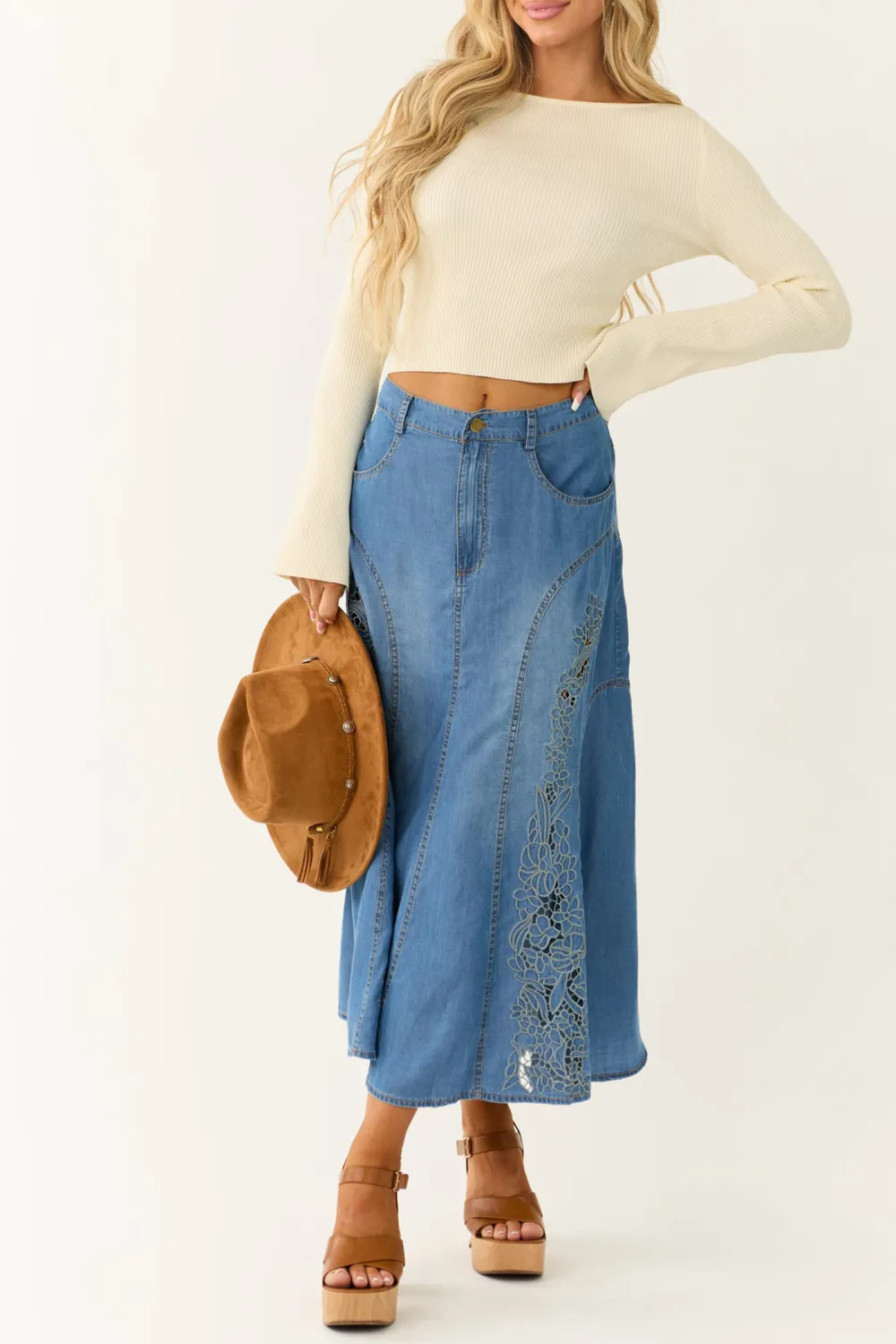 Medium Wash Denim Floral Embroidered Maxi Skirt