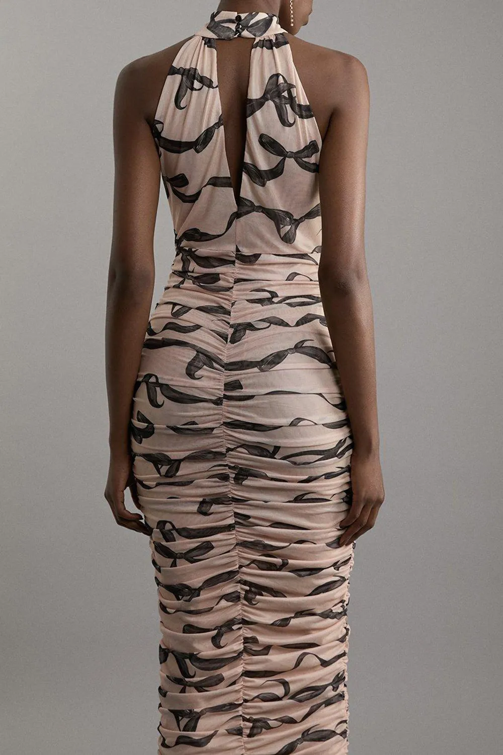 Black Bow Jersey Mesh Halter Ruched Midi Dress