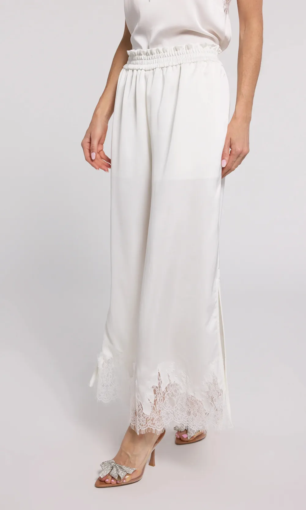 White Lace Panel Satin Pants
