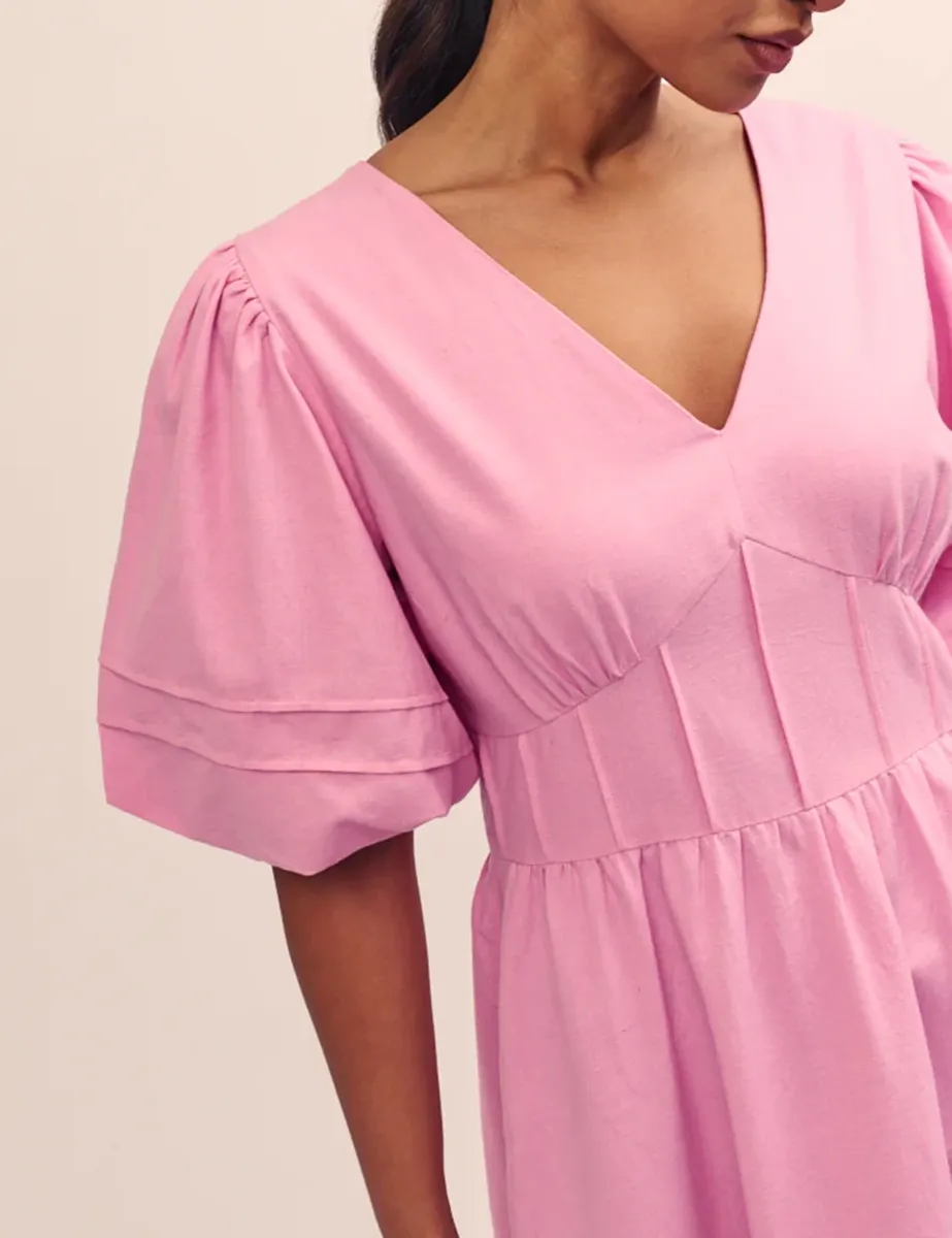 Pink V-Neck Puff Sleeve Midi Dress