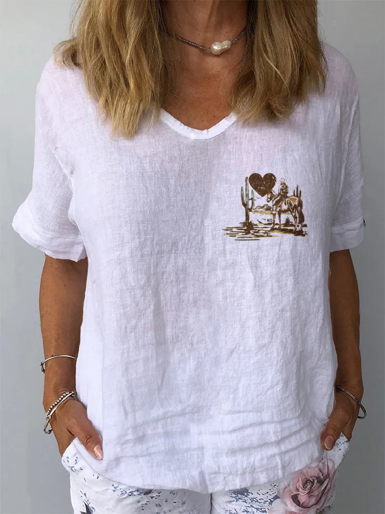 Women'S Western Print V-Neck Short-Sleeve Shirt