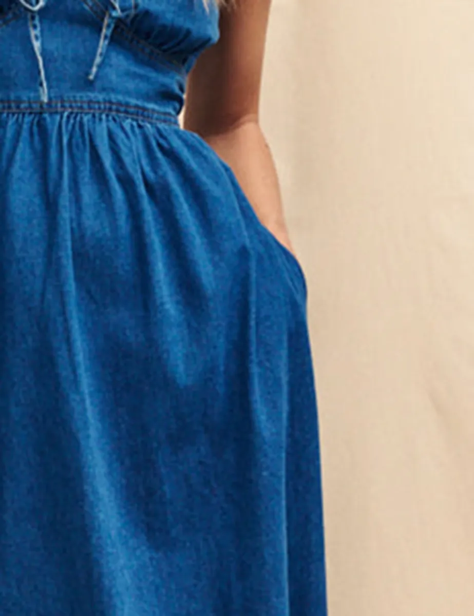 Blue Denim Ruched Waist Midi Dress