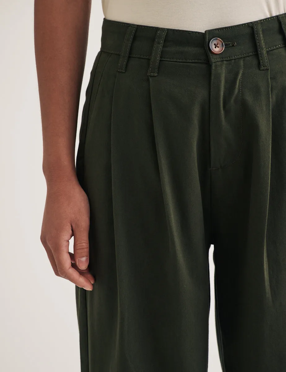 Deep Green Twill Pleated Wide Leg Trousers