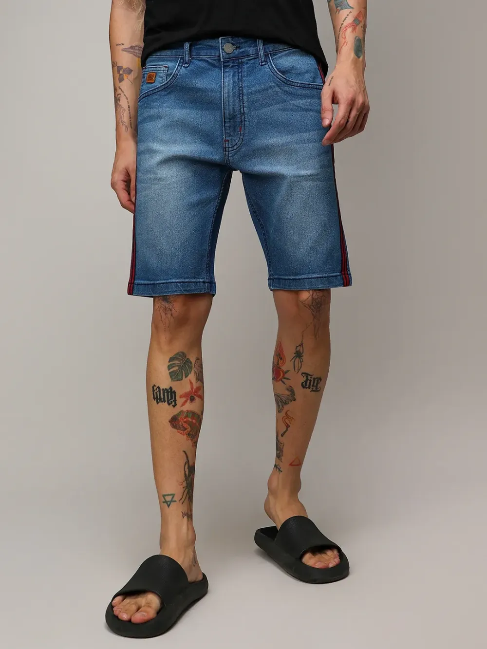 Casual Style Striped Denim Shorts