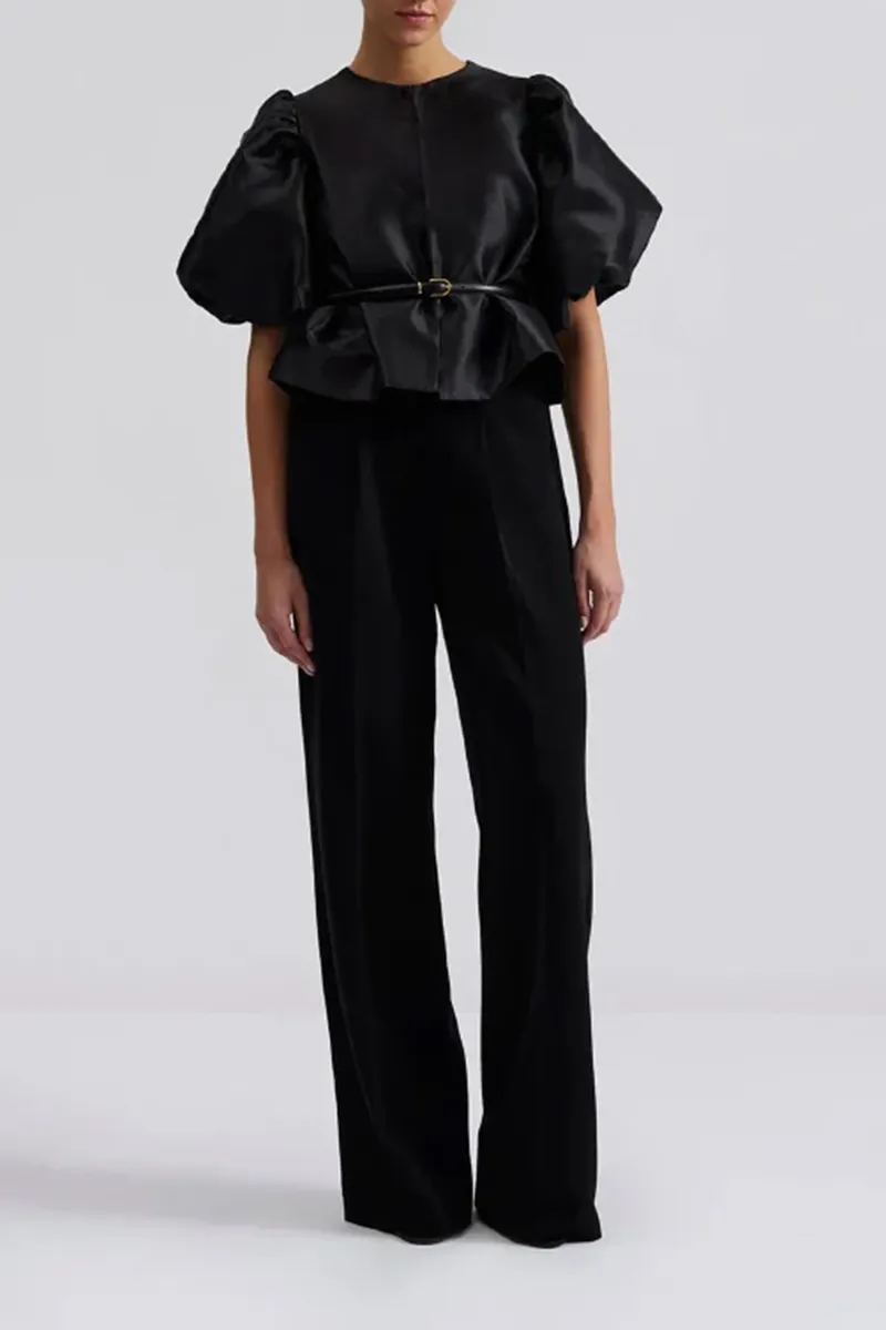 Black Pouf Sleeve Crew Neck Blouses