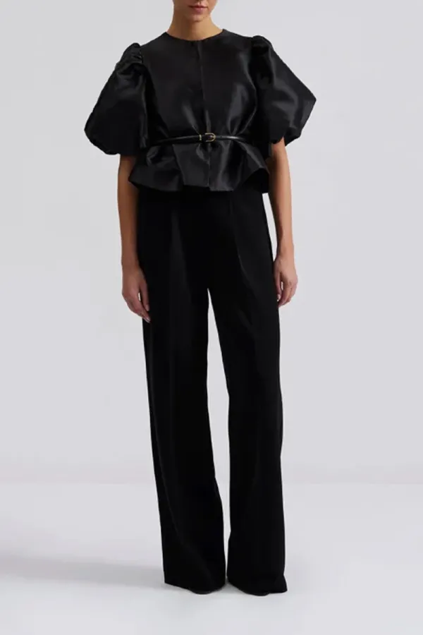 Black Pouf Sleeve Crew Neck Blouses