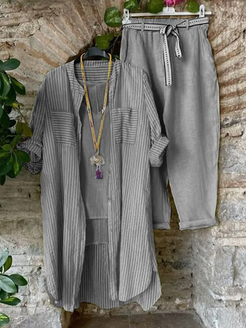 Striped shirt cotton linen pants two-piece set
