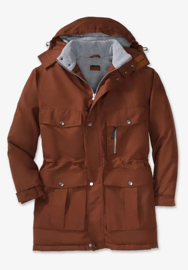Fleece-Lined Parka with Detachable Hood and 6 Pockets
