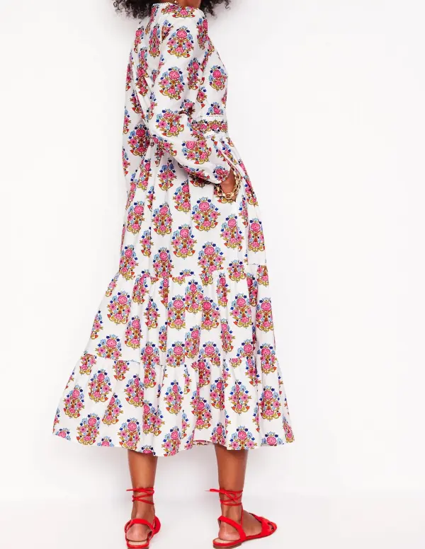 White and Pink Paisley - Print Cotton Midi Dress