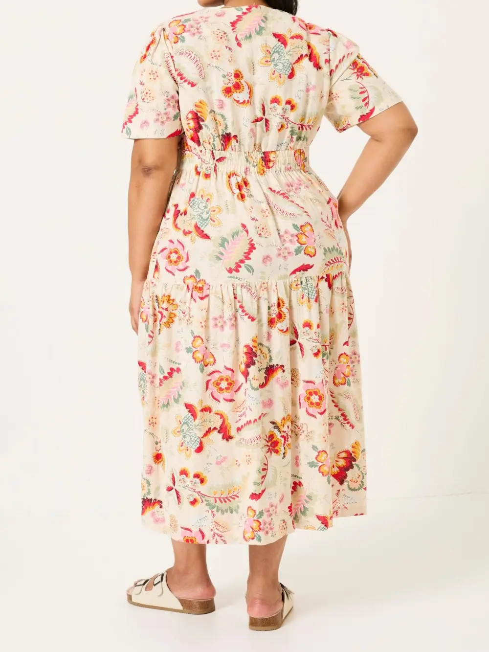Cream Plants Printed Midi Dress