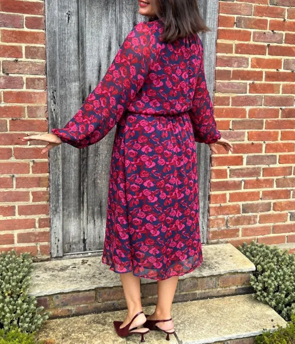 Pink Rose Print Midi Dress