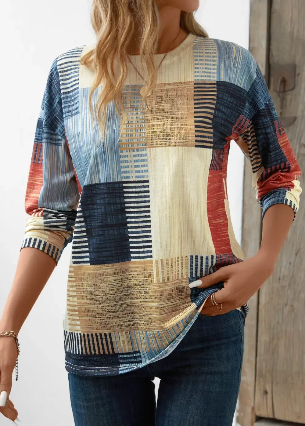 Multi Color Patchwork Geometric Print Long Sleeve T Shirt