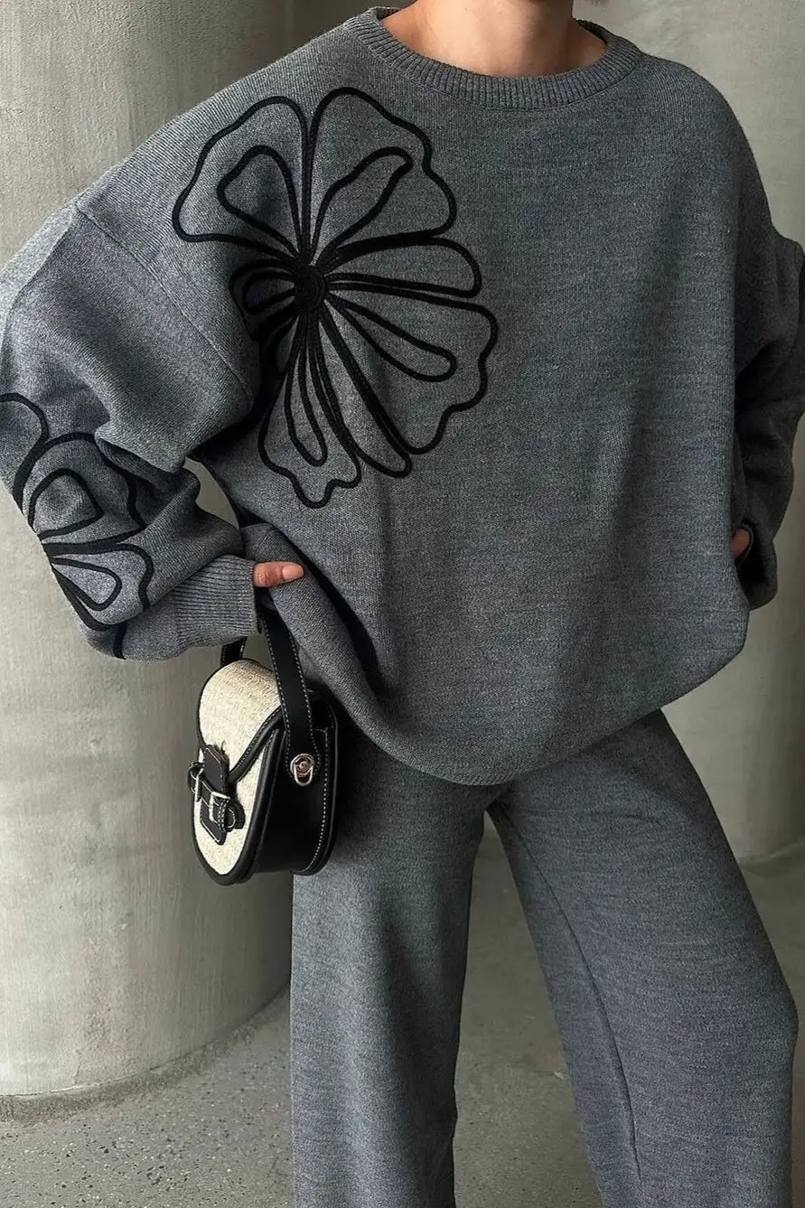 Casual Round Neck Knit Sweater with Pants Two Piece Pants Set