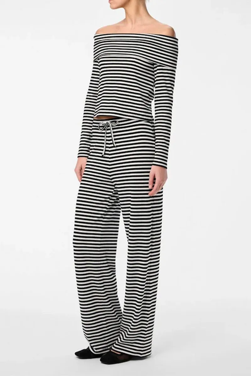 Striped Off The Shoulder Long Sleeve Tops