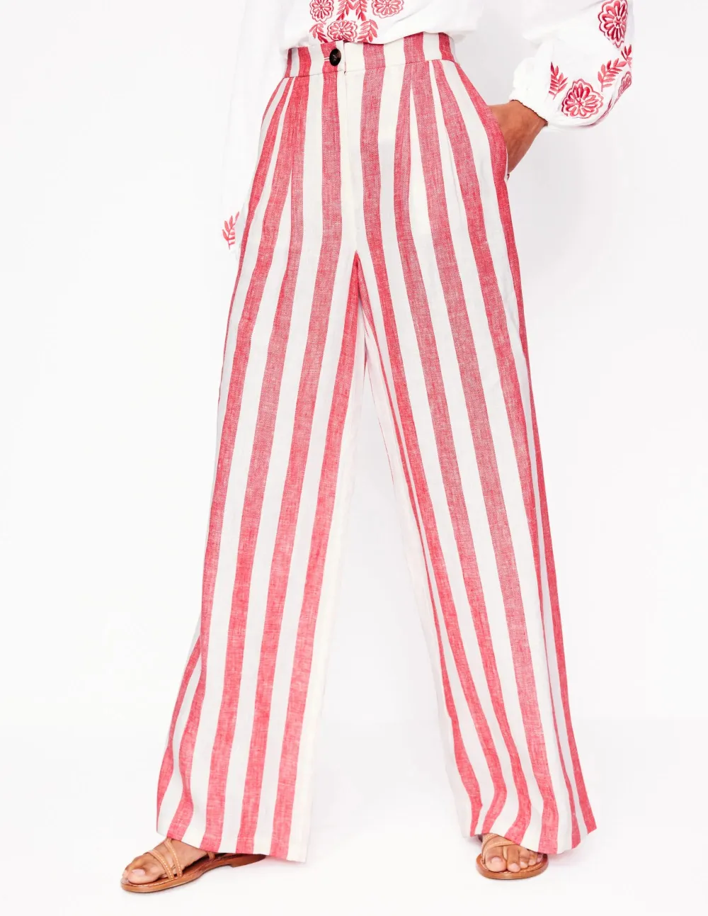 Pink and White Striped Wide - Leg Linen Pants